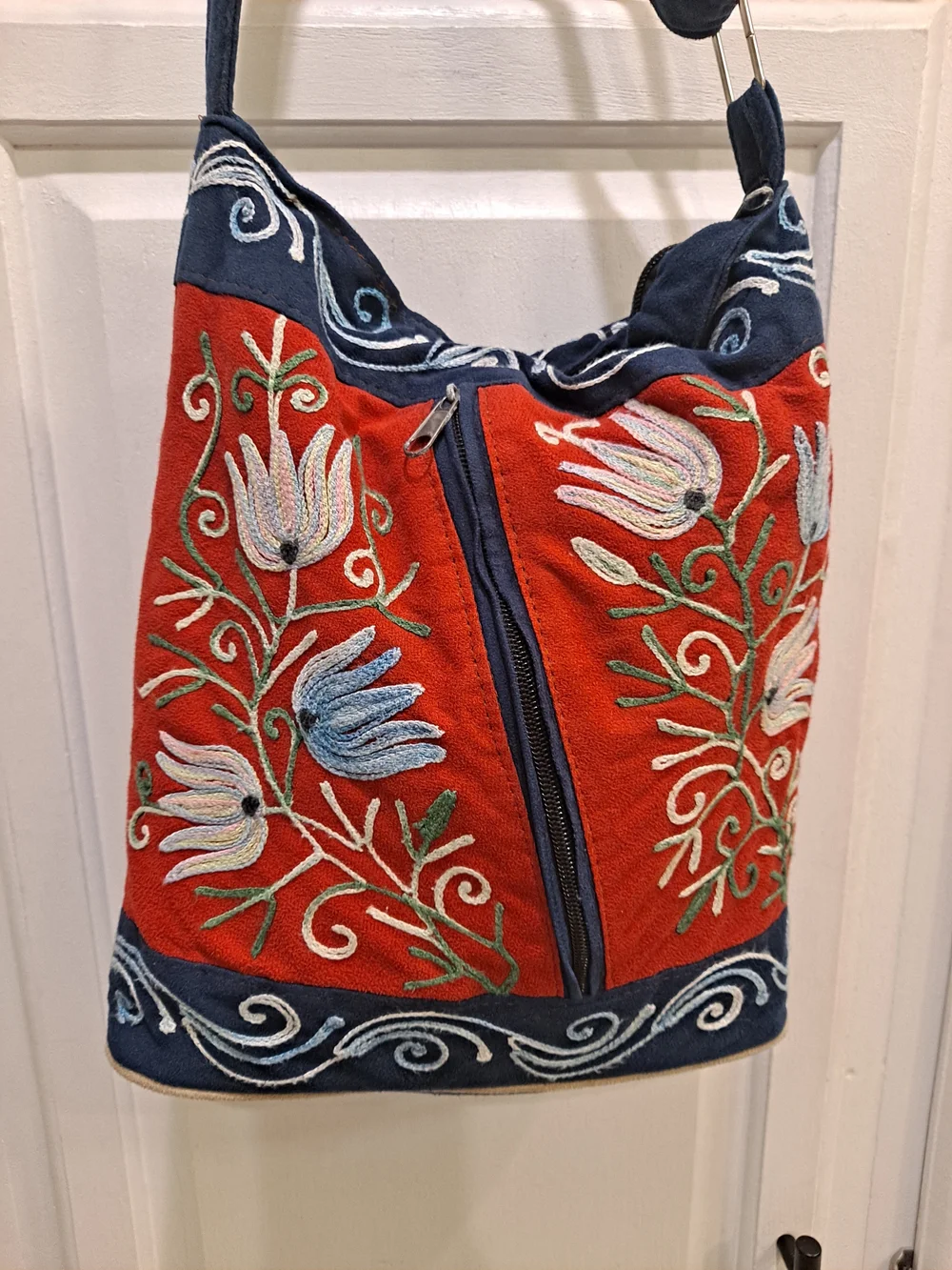 Artisan Nepal Vintage Embroidered Red Floral Shoulder Bag Navy Trim Suede-like